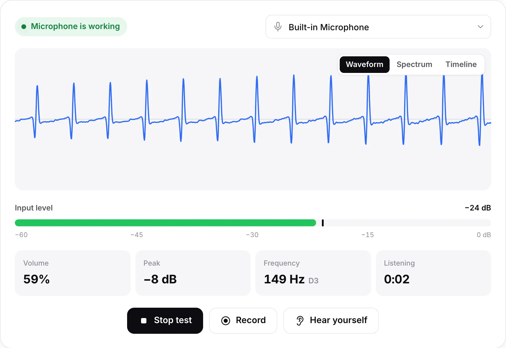 A working microphone: moving waveform, input level around −26 dB and the green status “Microphone is working”