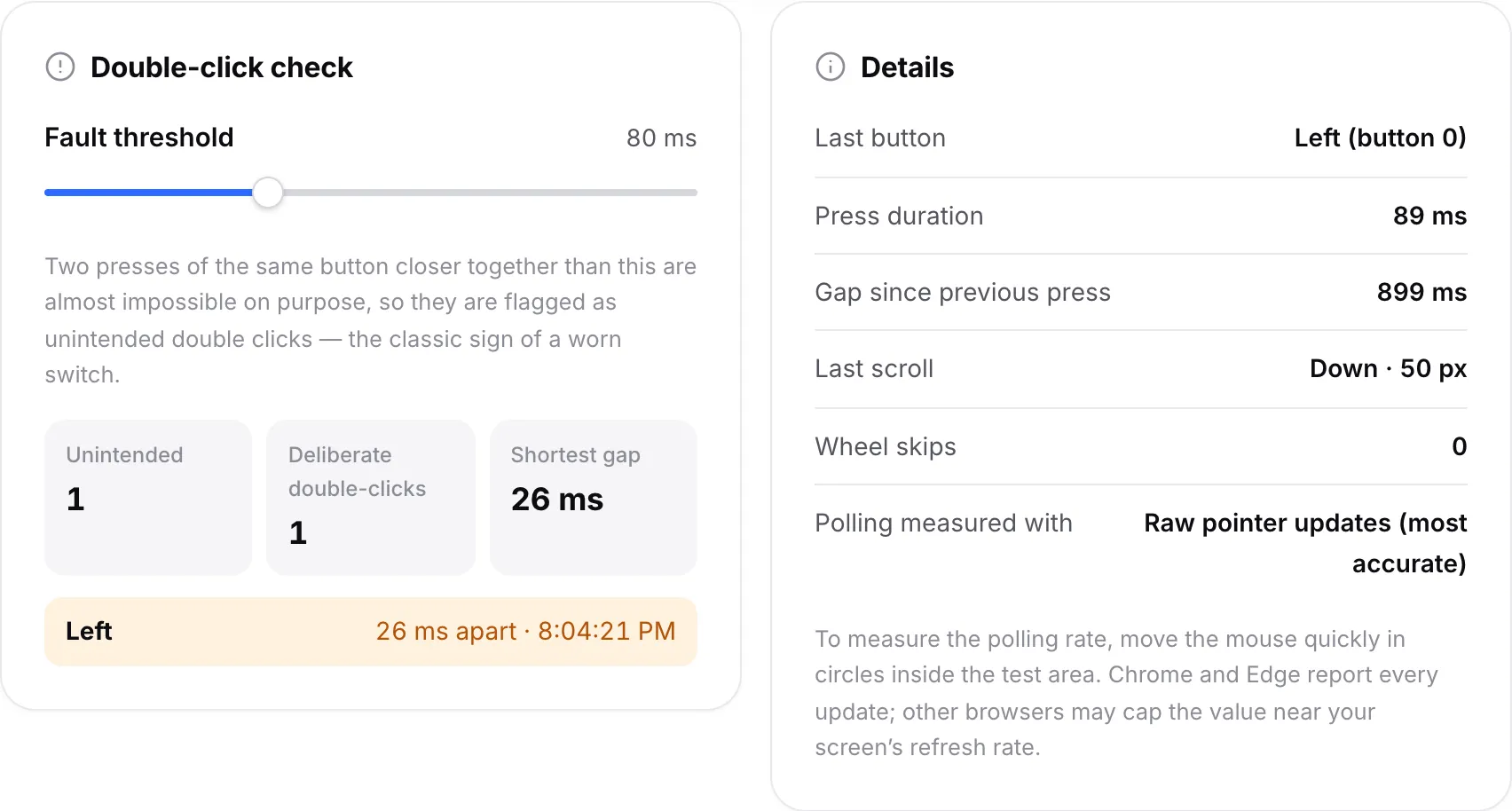 The Double-click check panel listing an unintended double click on the left button and one deliberate double-click, next to the Details panel