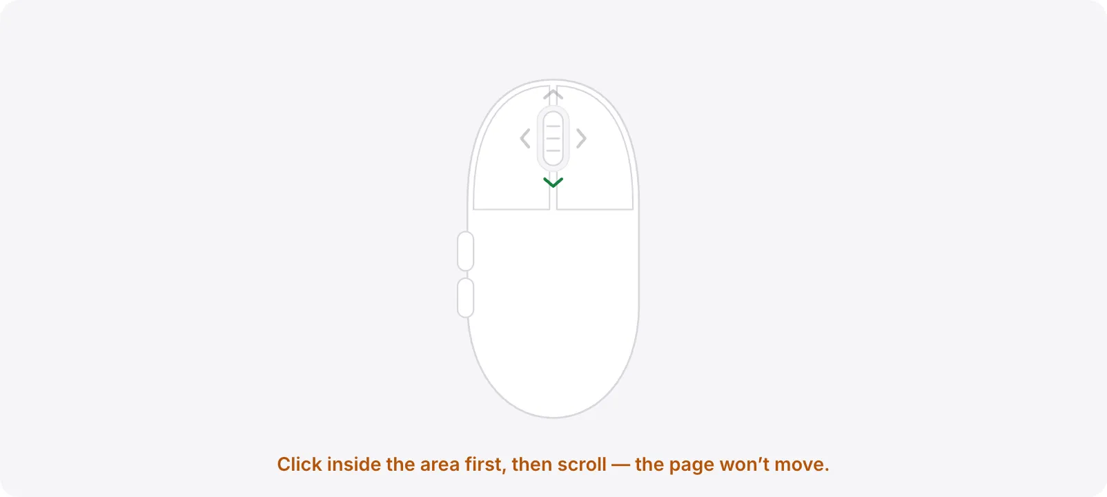 The test area with the orange hint “Click inside the area first, then scroll — the page won’t move.”