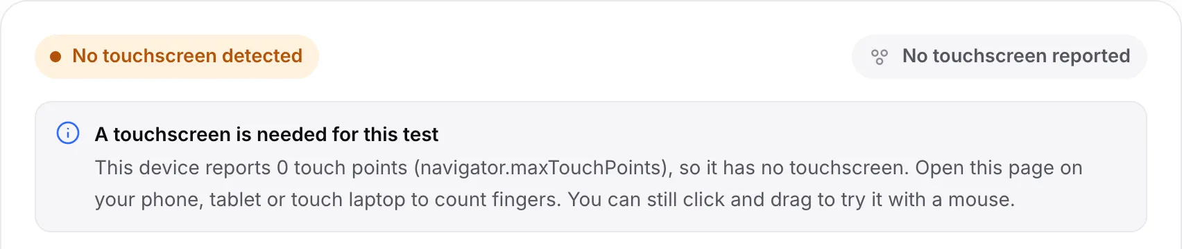 The multi-touch test on a computer: the orange status “No touchscreen detected” and the notice “A touchscreen is needed for this test”