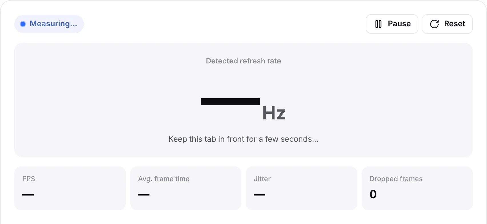 The refresh rate test while it measures, with the status “Measuring…” and the hint “Keep this tab in front for a few seconds…”