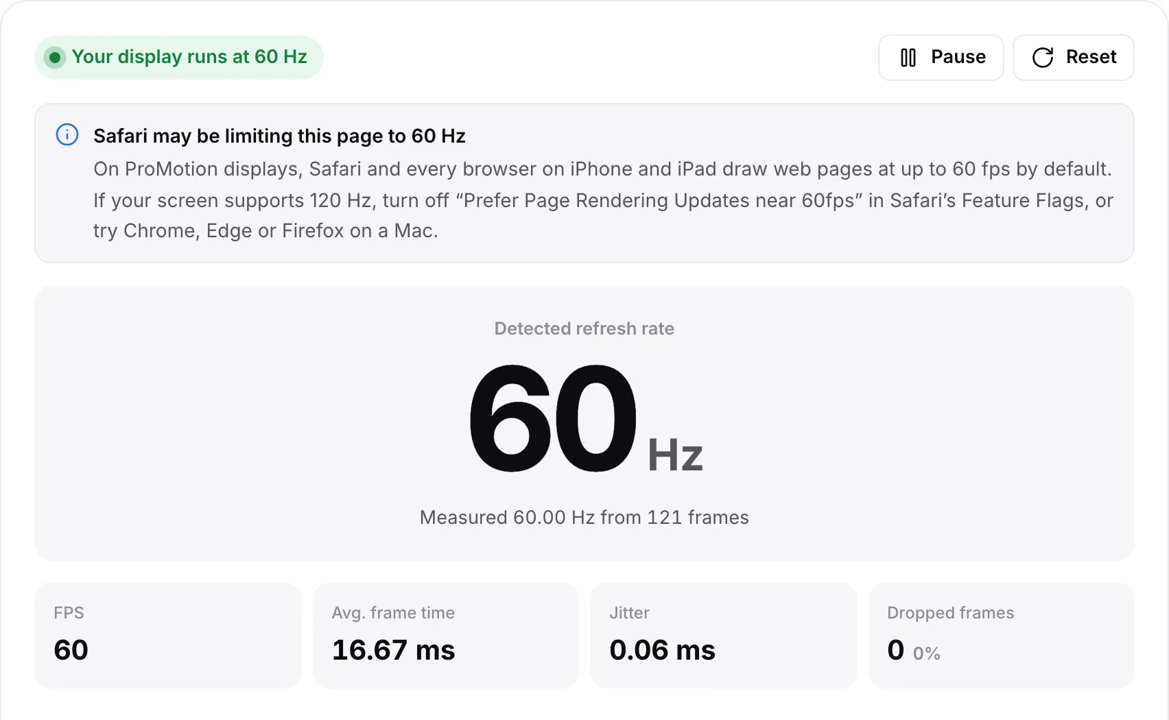 The note “Safari may be limiting this page to 60 Hz” above a 60 Hz result