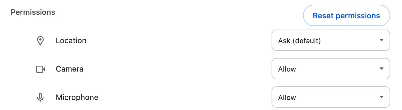 Chrome site settings with Camera and Microphone set to Allow