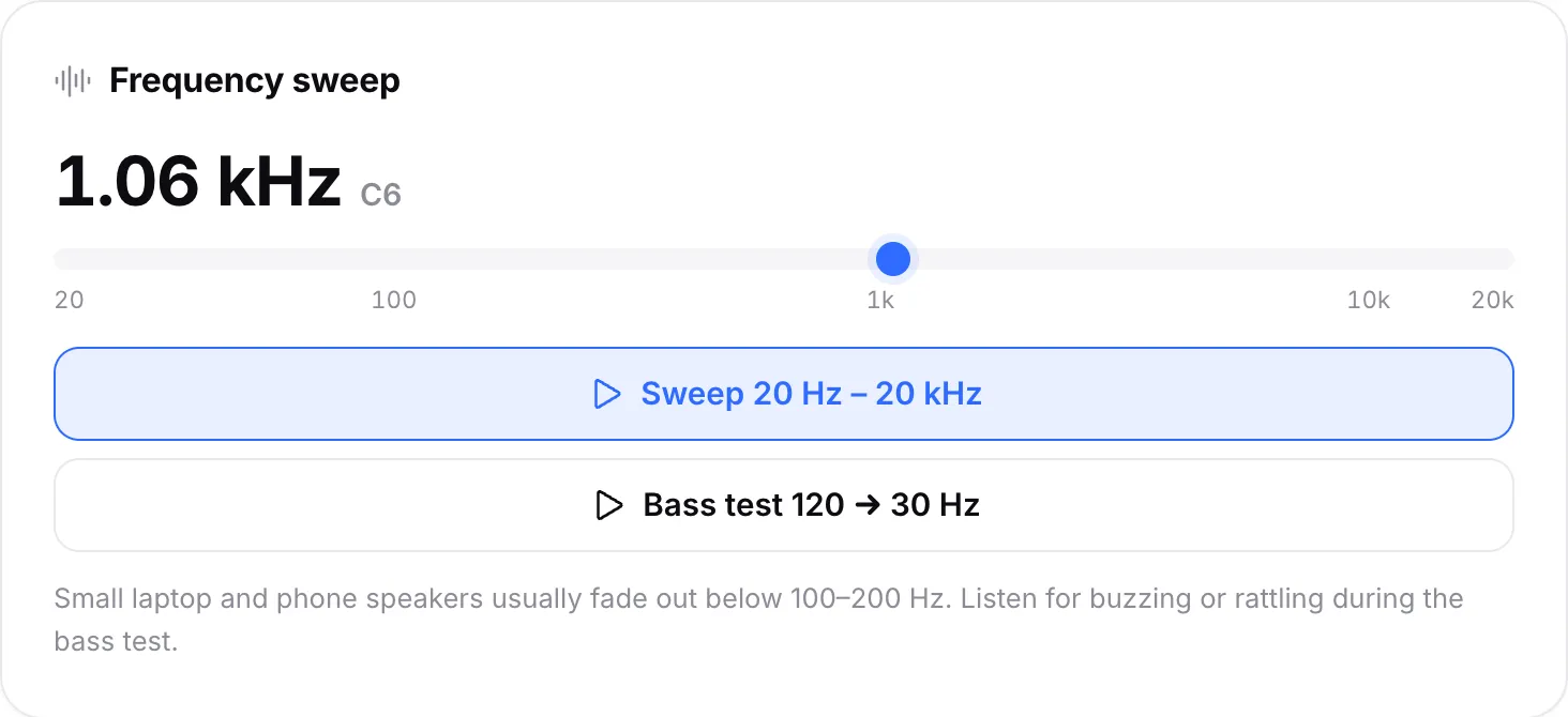 The frequency sweep playing at 1.06 kHz (note C6), with its marker just past 1k on the scale