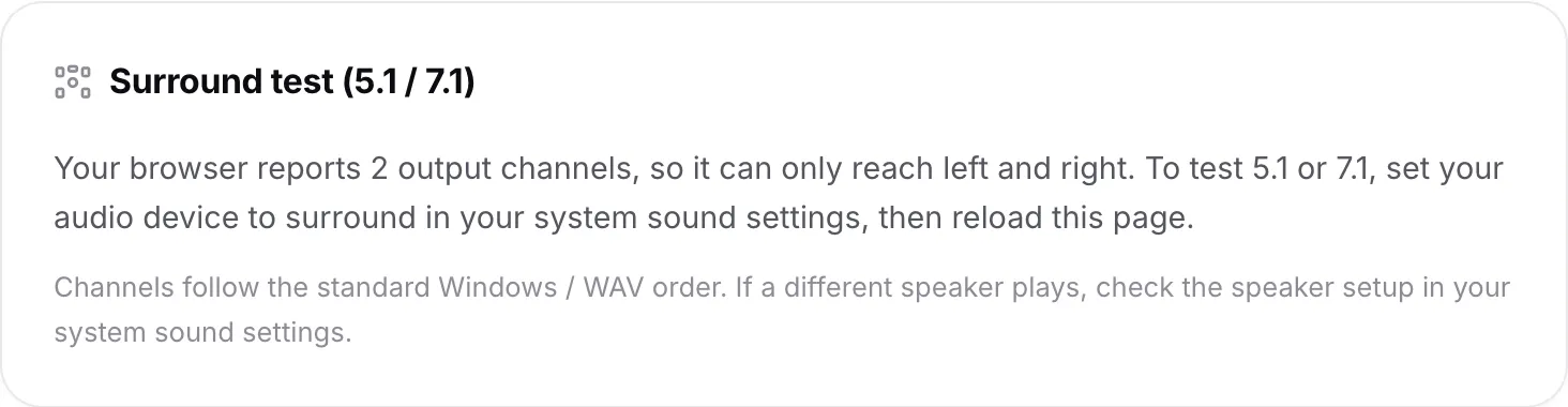 The surround test explaining that the browser reports 2 output channels, so it can only reach left and right