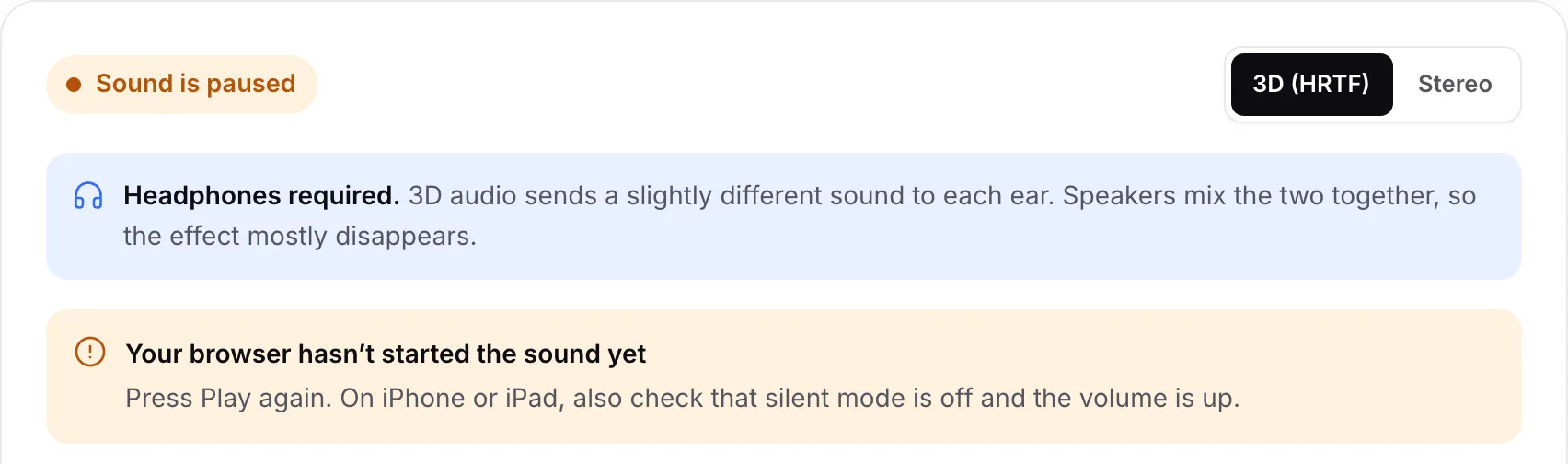 The 3D audio test showing the orange status “Sound is paused” and the notice “Your browser hasn’t started the sound yet”