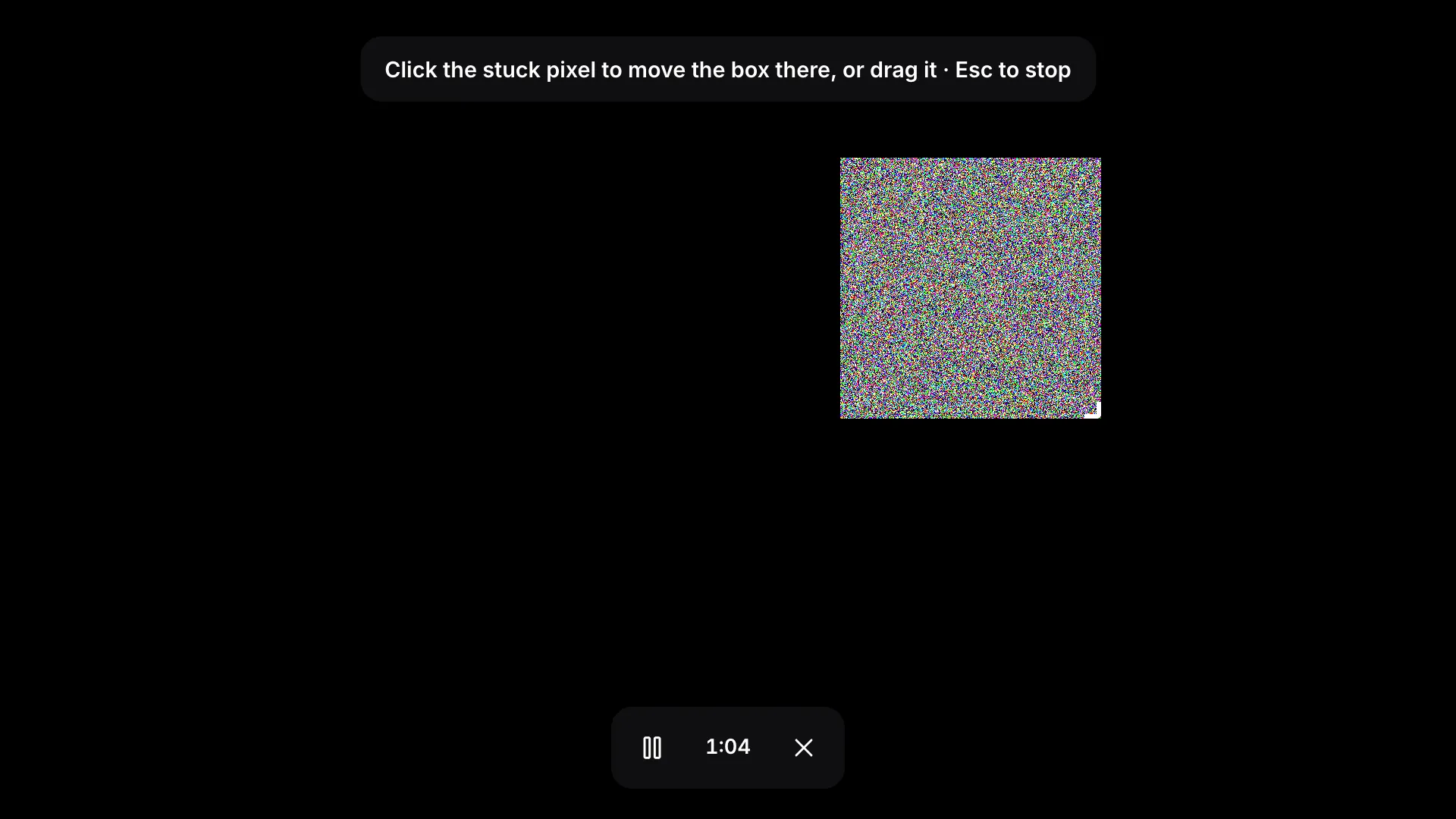 Full-screen box mode: a flashing noise box on a black screen, the hint “Click the stuck pixel to move the box there, or drag it · Esc to stop” and a toolbar with the elapsed time