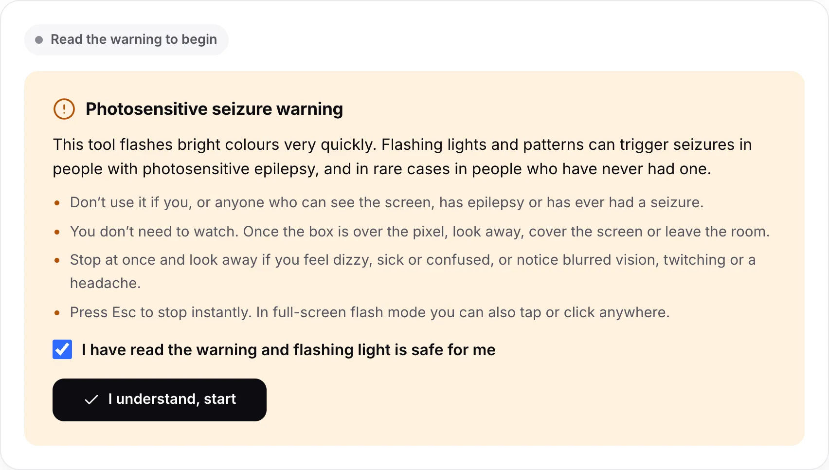 The photosensitive seizure warning with its tick box checked and the I understand, start button
