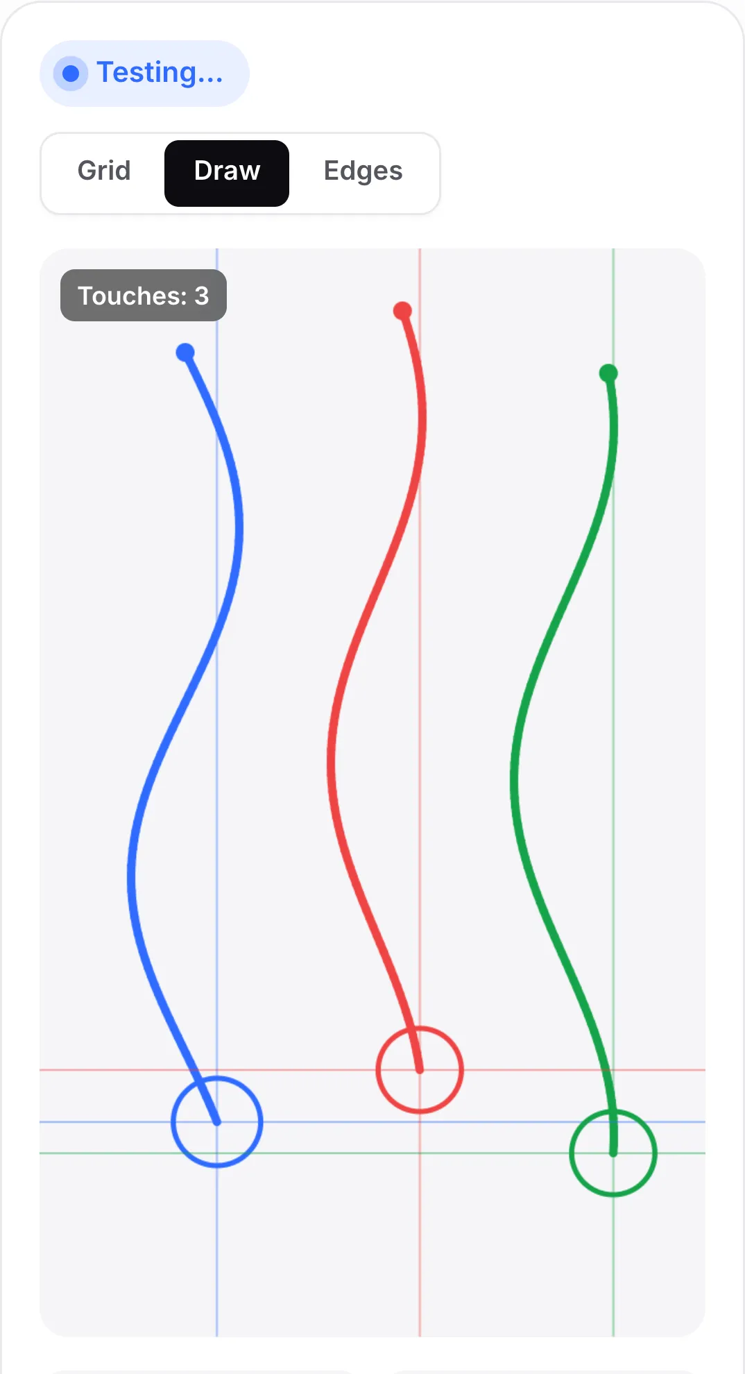 Draw mode with three smooth wavy lines in blue, red and green, one per finger, each ending in a ring under the finger