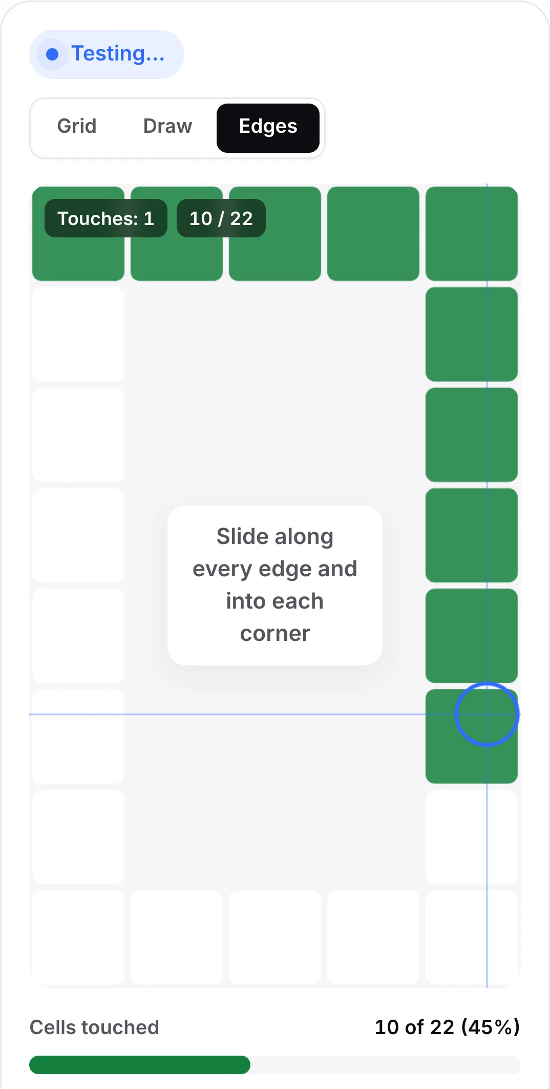 Edges mode: a frame of cells around the border with the top row and right side green and the hint “Slide along every edge and into each corner”