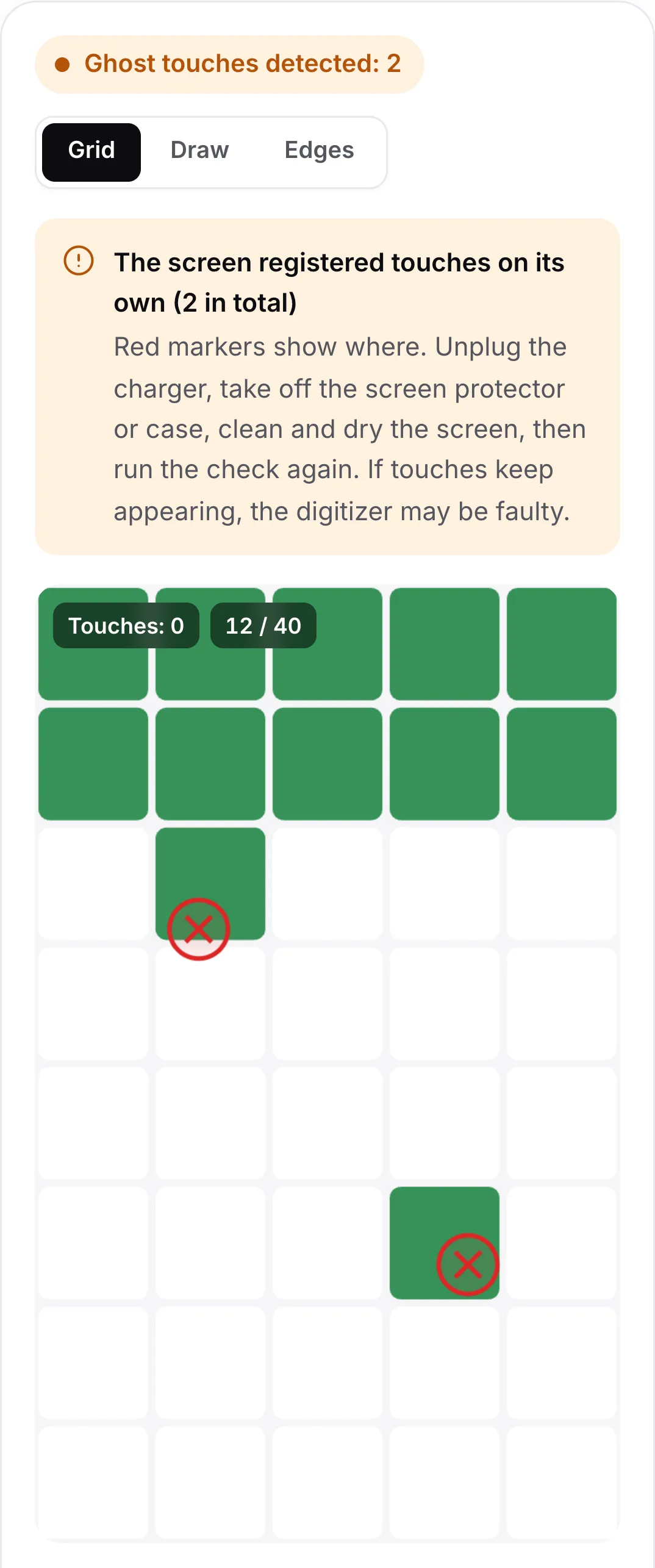 Ghost touch check result: the orange status “Ghost touches detected: 2”, advice to unplug the charger and clean the screen, and two red markers on the grid