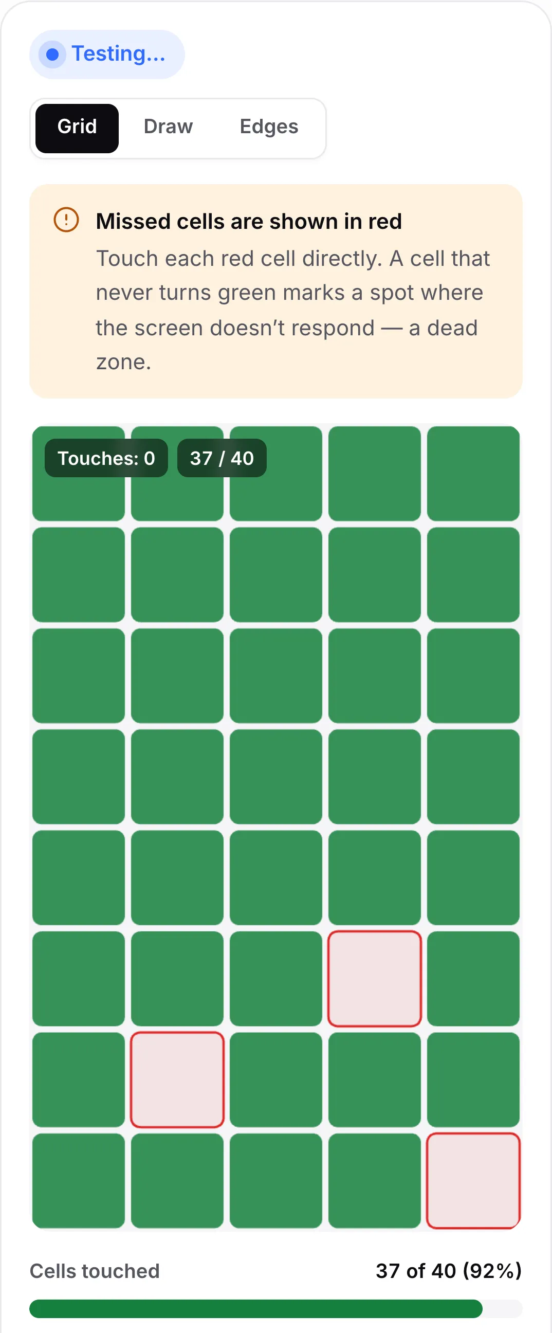 Three missed cells outlined in red among green cells, under the notice “Missed cells are shown in red”