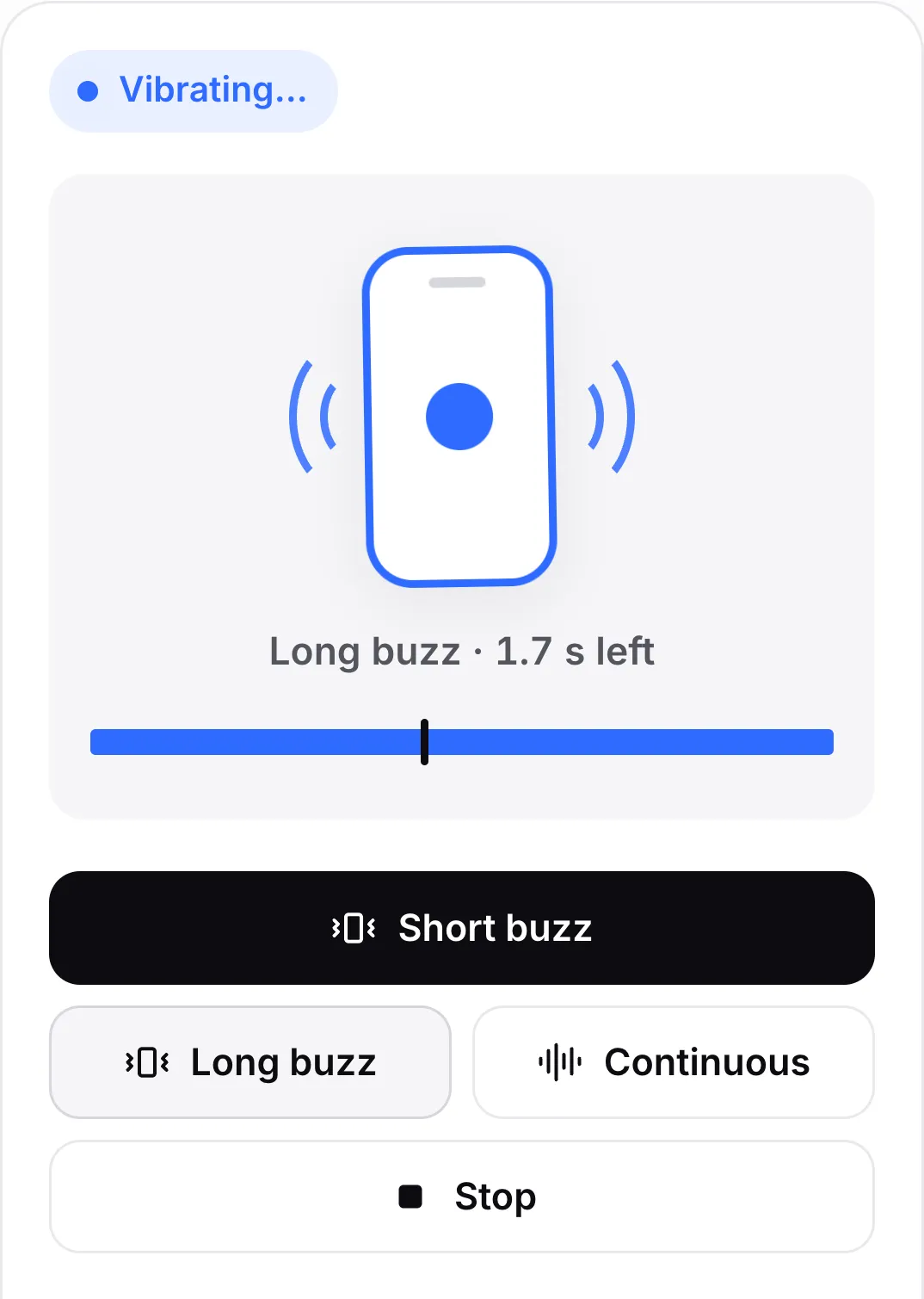 A three-second long buzz playing: the status “Vibrating…”, the shaking phone icon, “Long buzz · 1.6 s left” and the progress bar with its playhead