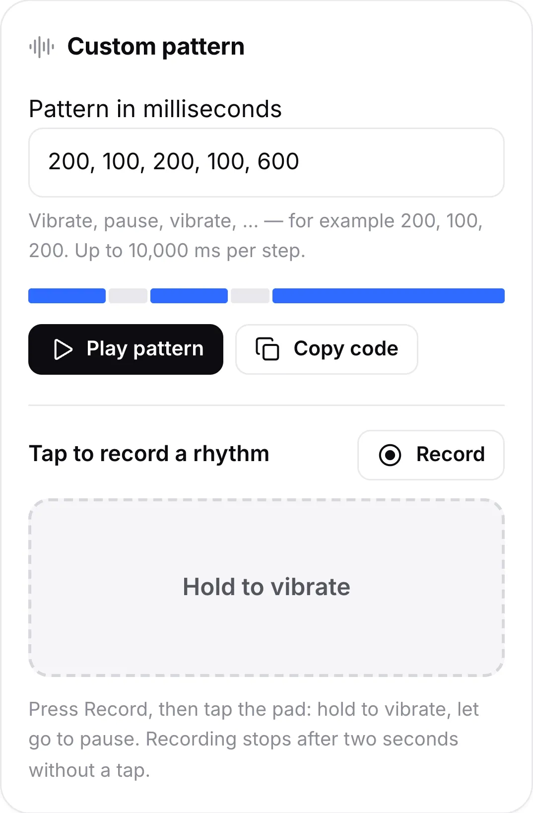 The Custom pattern card with the pattern 200, 100, 200, 100, 600, its preview bar, the Play pattern and Copy code buttons and the tap pad for recording a rhythm