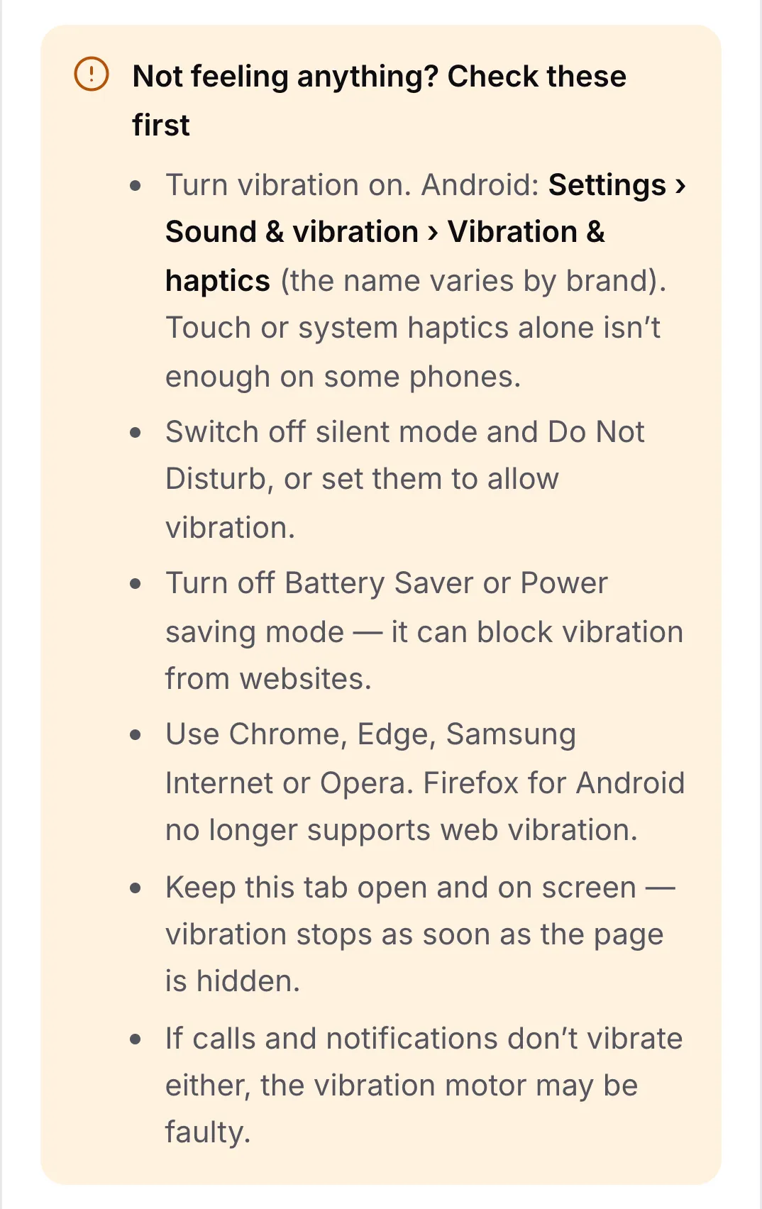 The checklist “Not feeling anything? Check these first” with six tips, starting with turning vibration on in Android settings