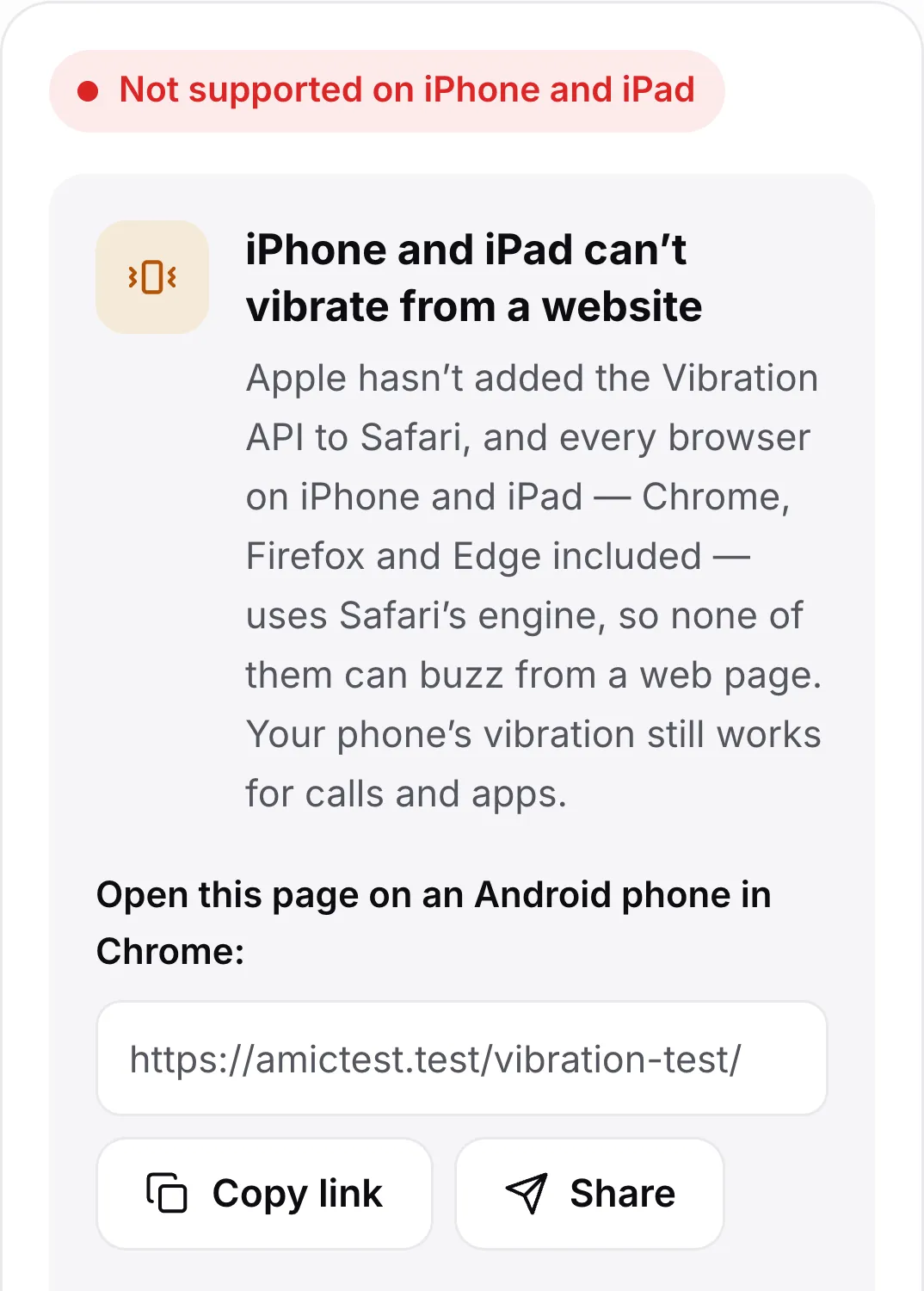 The vibration test on an iPhone: the red status “Not supported on iPhone and iPad”, an explanation and a link to open the page on an Android phone