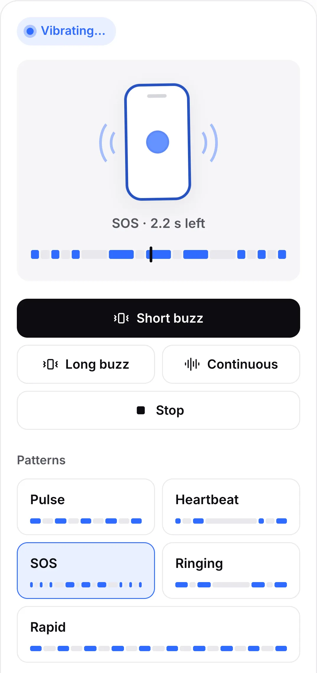 The SOS pattern playing: its button is highlighted and the timeline above the buttons shows short and long buzzes with the playhead in a long buzz