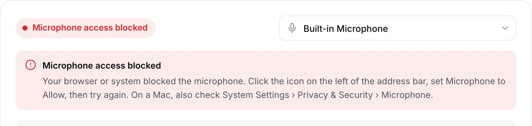 The tuner showing the red message “Microphone access blocked” with instructions