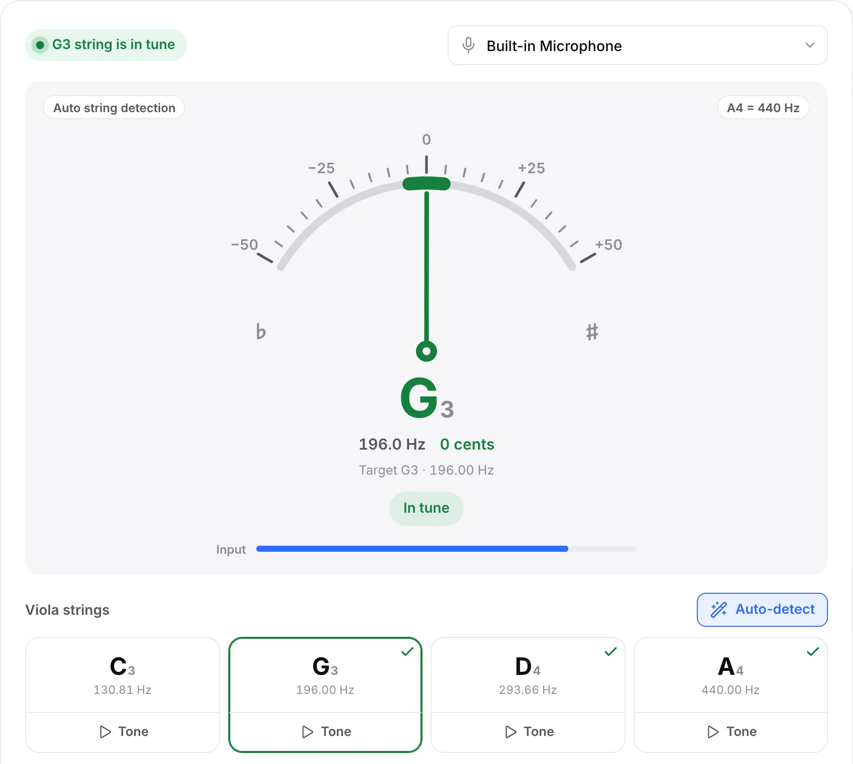The G string in tune: a green needle at 0 cents, the status “G3 string is in tune” and check marks on the G, D and A strings