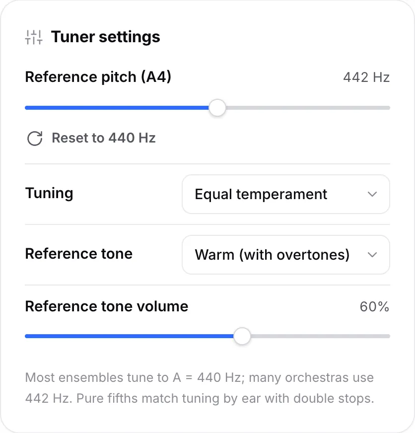 Tuner settings with the reference pitch (A4) slider set to 442 Hz, the tuning menu and the reference tone options