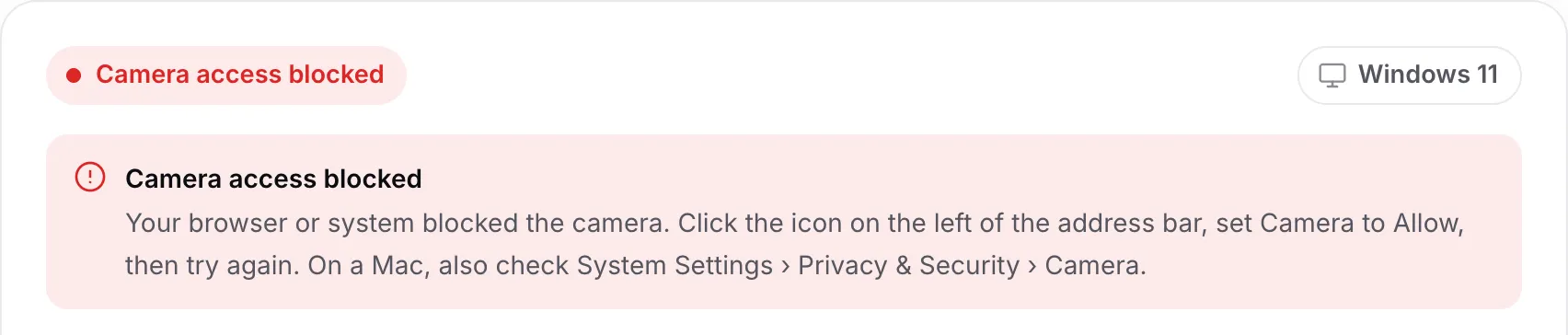 The webcam driver finder showing the red message “Camera access blocked” with instructions