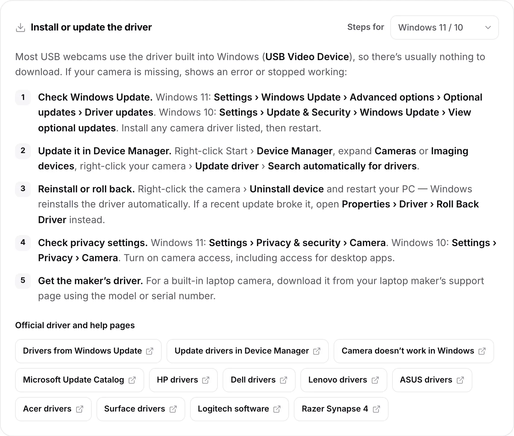 The Install or update the driver card with the Windows 11 / 10 steps and links to official driver and help pages