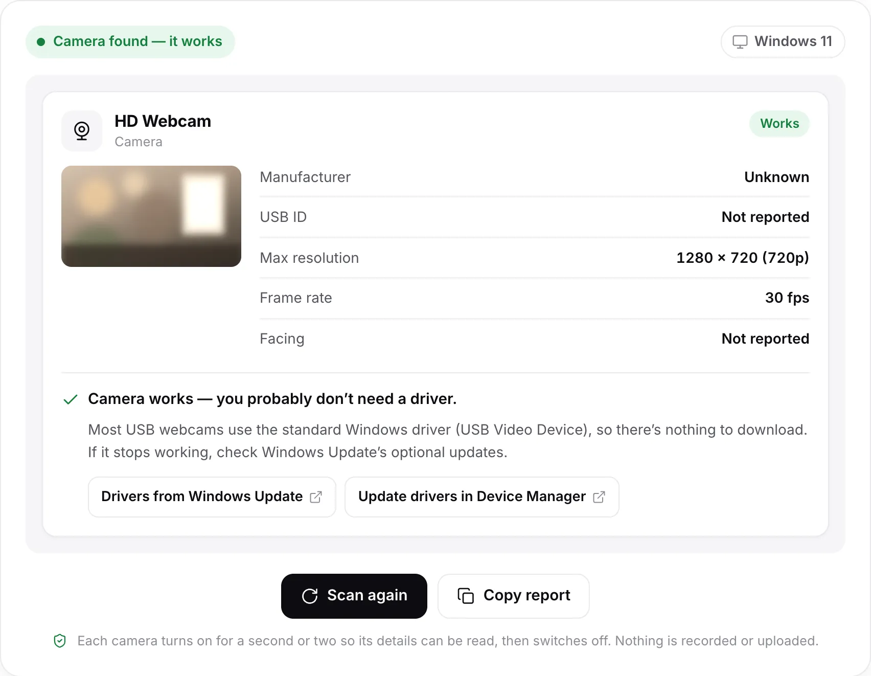 A scan result for HD Webcam: the status “Camera found — it works”, a still frame, 1280 × 720 (720p) at 30 fps and the verdict “Camera works — you probably don’t need a driver”, with links to Windows Update and Device Manager help