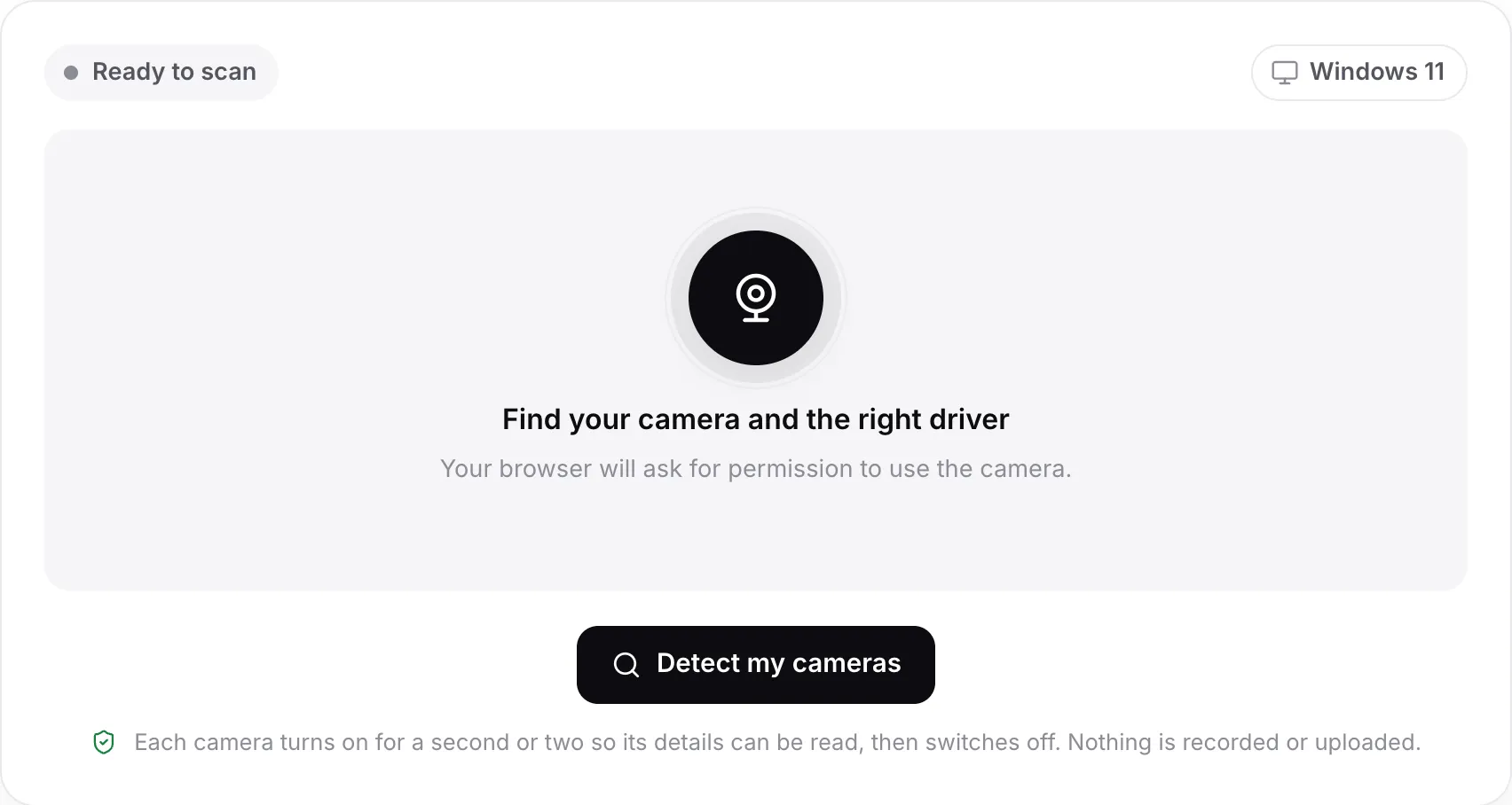 The webcam driver finder before a scan, with the Detect my cameras button and the detected system, Windows 11