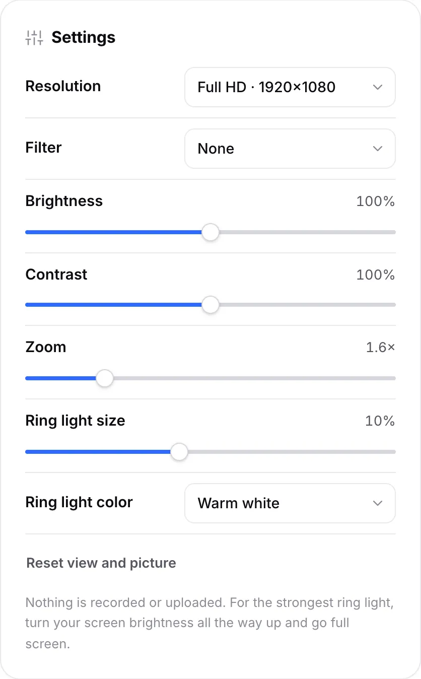 Mirror settings with brightness, contrast, zoom at 1.6×, ring light size 10% and ring light color Warm white