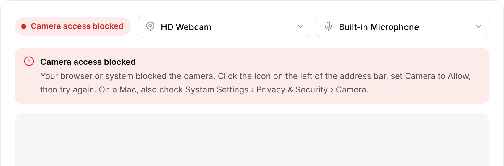 The webcam recorder showing the red message “Camera access blocked” with instructions