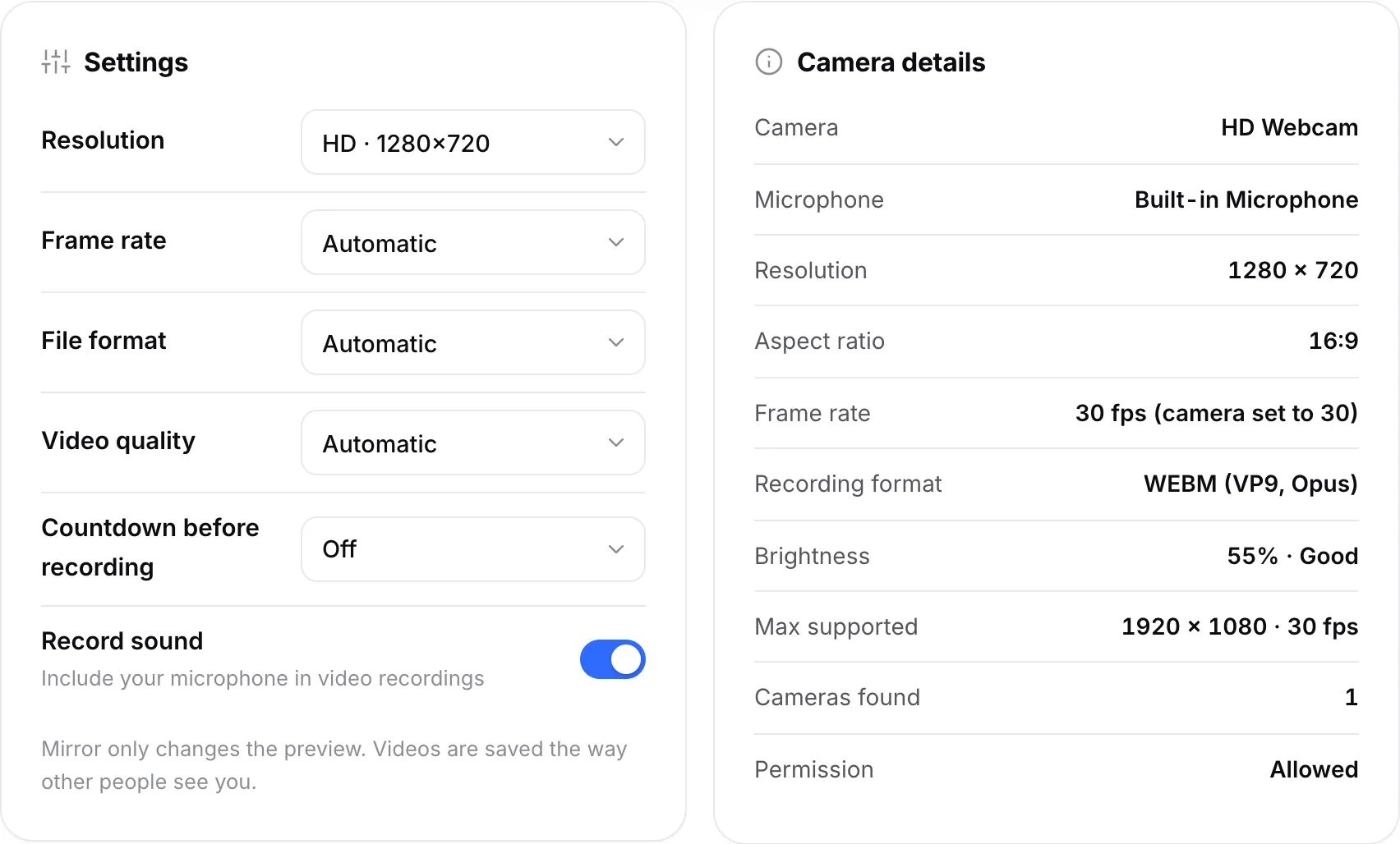 Recording settings next to Camera details, which show 1280 × 720, 30 fps and the recording format WEBM (VP9, Opus)