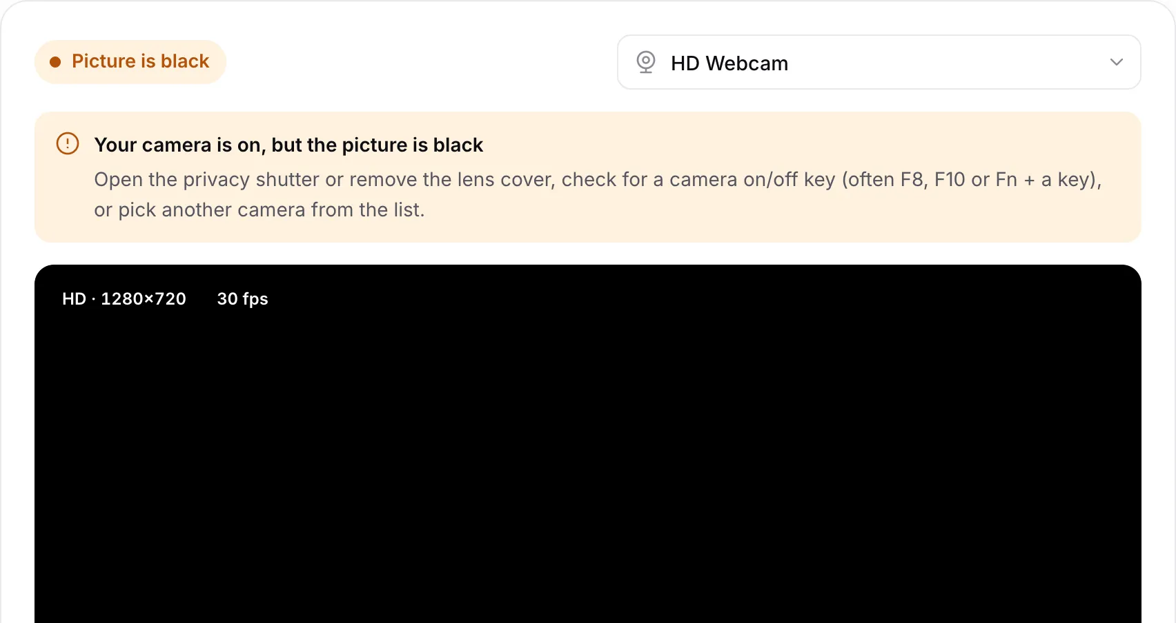 The webcam test showing the warning “Your camera is on, but the picture is black” above a black picture