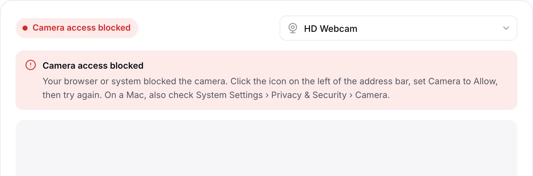 The webcam test showing the red message “Camera access blocked” with instructions