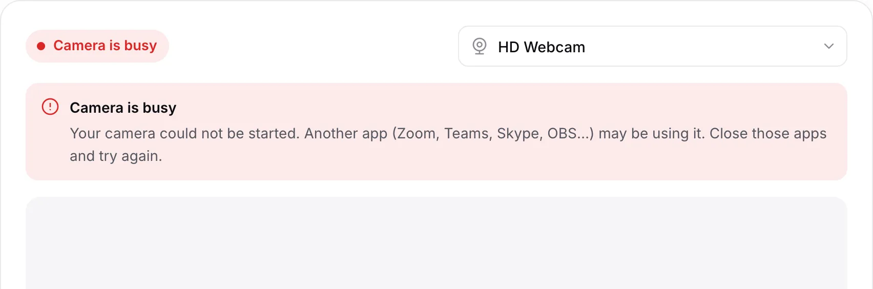 The webcam test showing the red message “Camera is busy”
