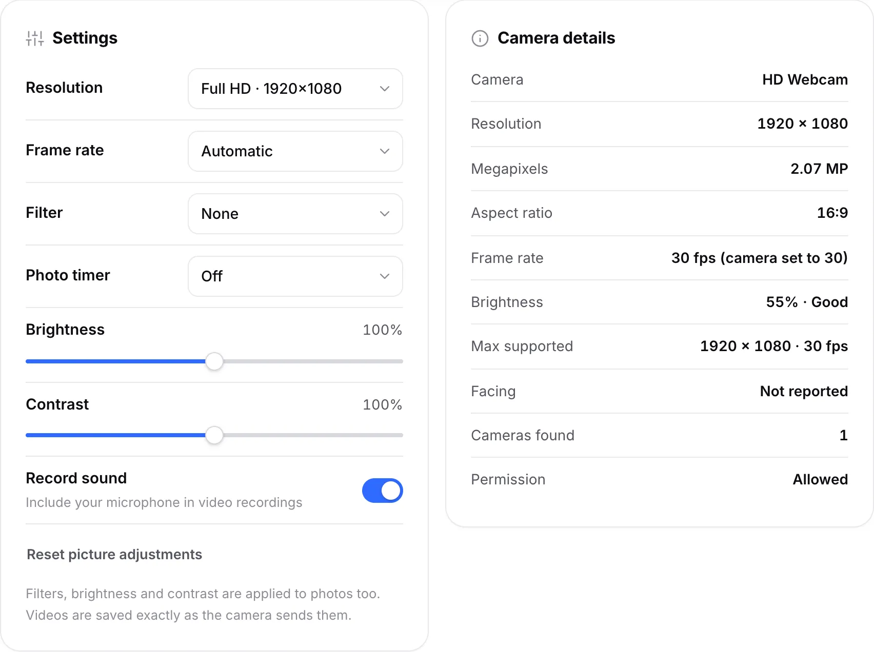 Settings with the resolution set to Full HD next to Camera details showing 1920 × 1080, 30 fps and brightness 55% · Good