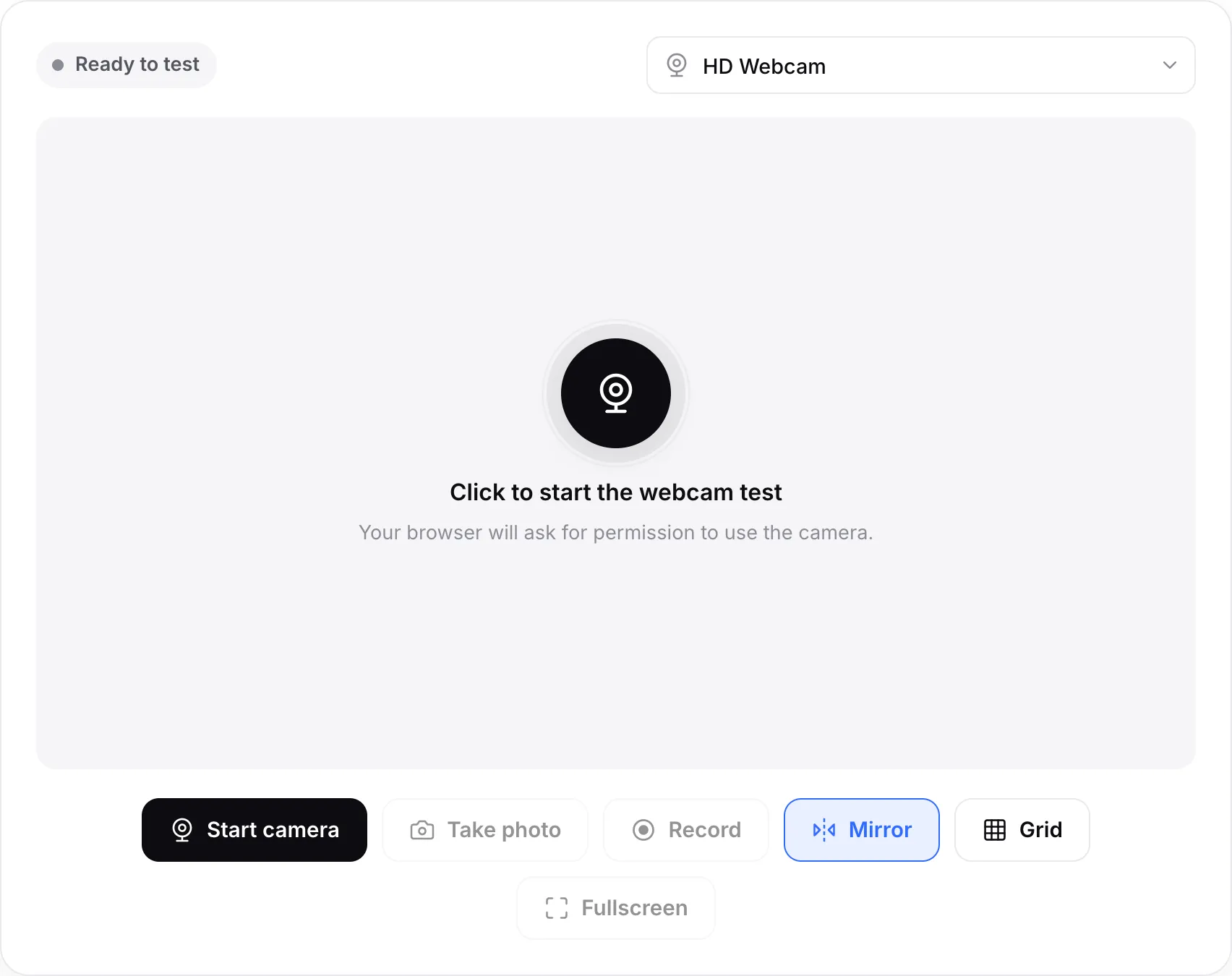 The webcam test before it starts, with the Start camera button and the camera menu