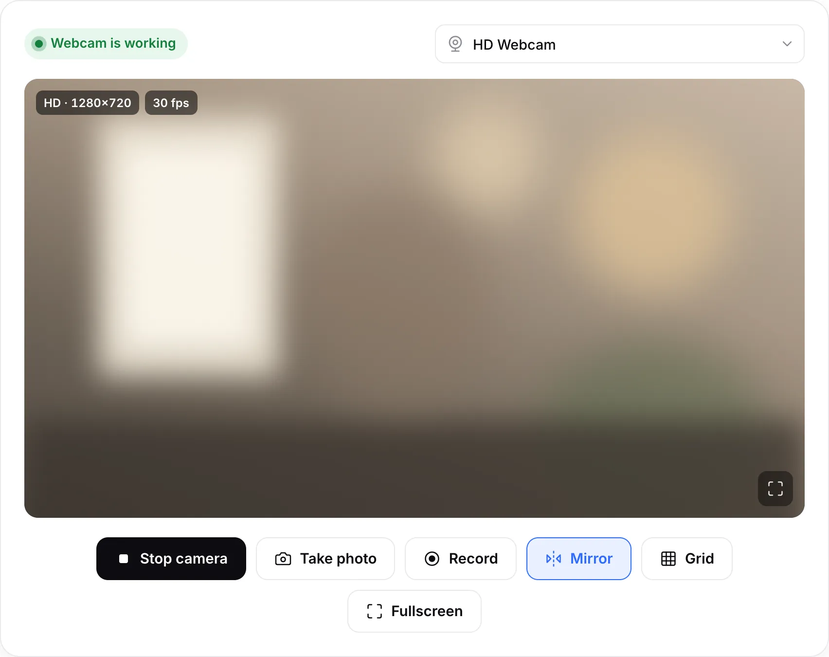 A working webcam: live picture with the badges HD · 1280×720 and 30 fps and the green status “Webcam is working”