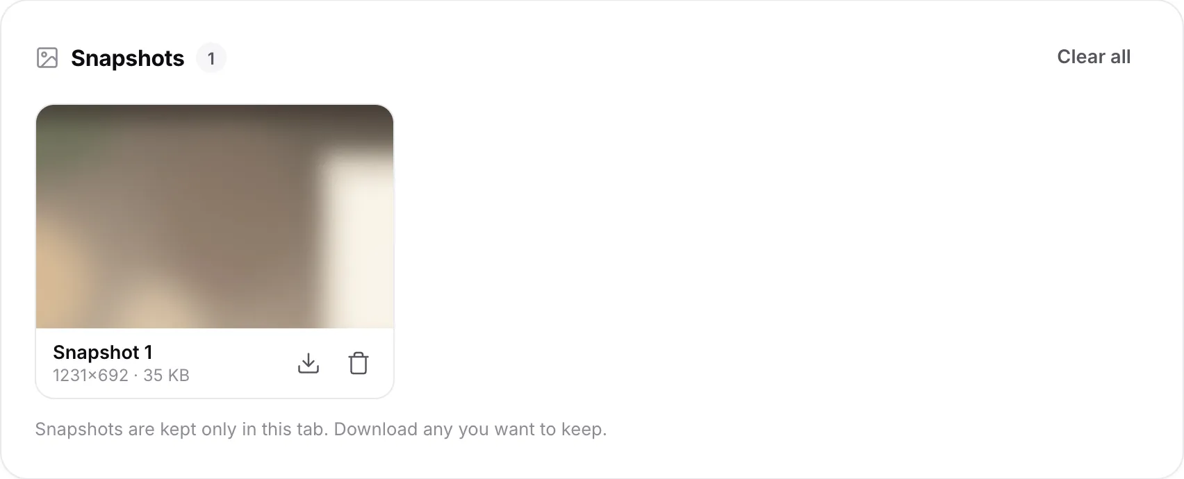 A snapshot of the zoomed, upside-down view in the Snapshots list, 1231×692, with download and delete buttons