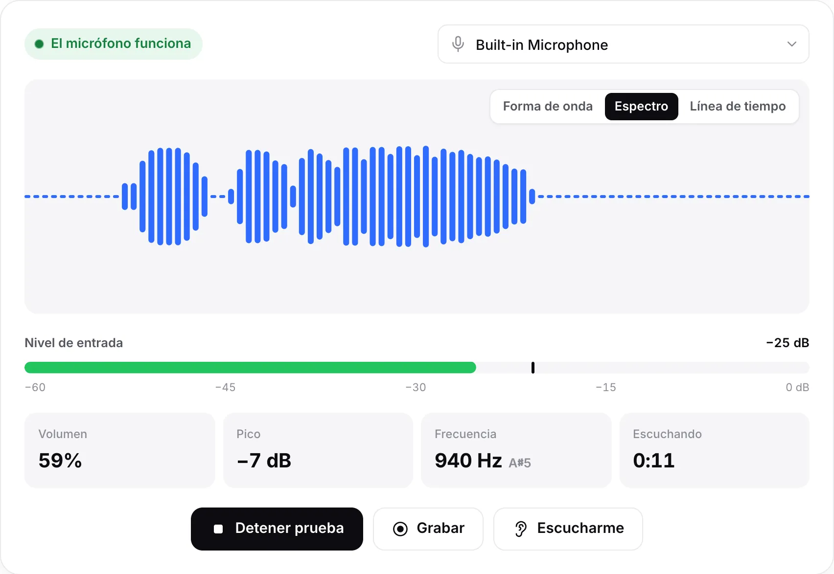 La prueba de micrófono en vista Espectro con barras en movimiento, un nivel de entrada de −23 dB y el estado verde “El micrófono funciona”