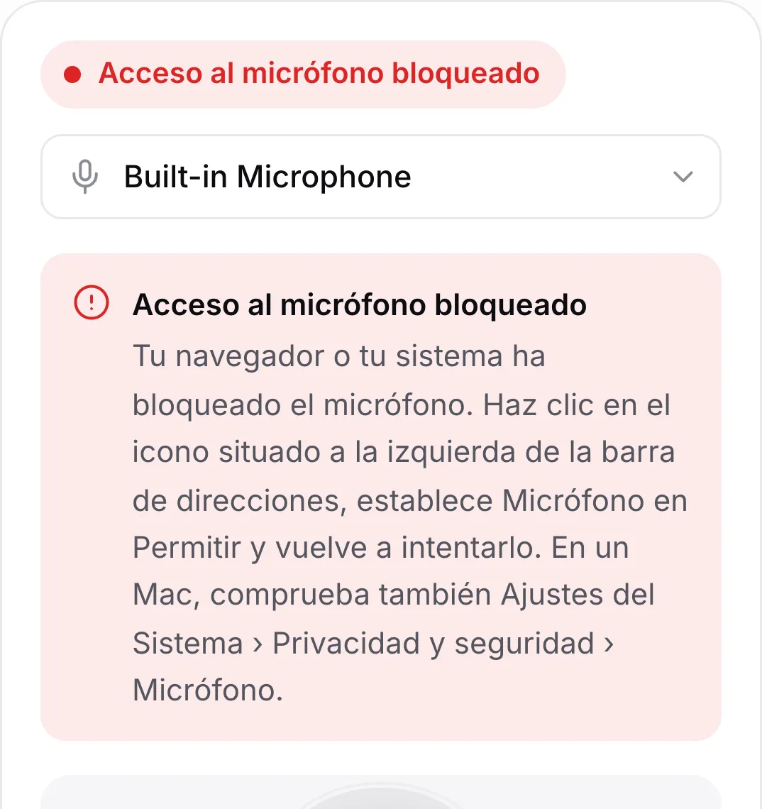 La prueba de micrófono en un teléfono mostrando el mensaje rojo “Acceso al micrófono bloqueado”
