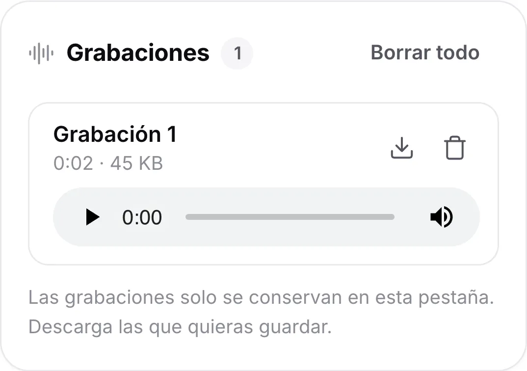 Una grabación en un teléfono con su duración, un reproductor y botones de descarga y eliminación