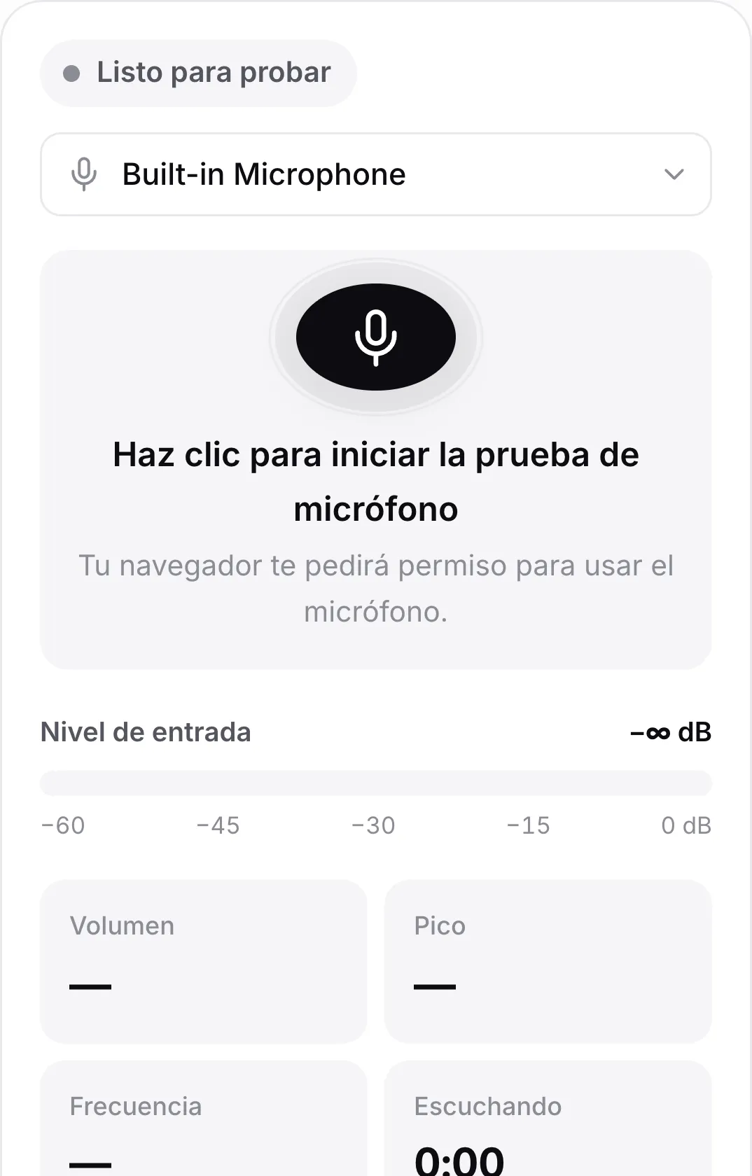 La prueba de micrófono en un teléfono antes de empezar, con el botón grande del micrófono