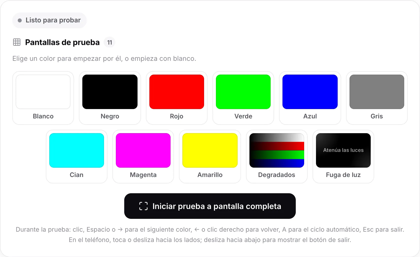 La prueba de píxeles muertos con once muestras de color, de Blanco a Fuga de luz, sobre el botón Iniciar prueba a pantalla completa