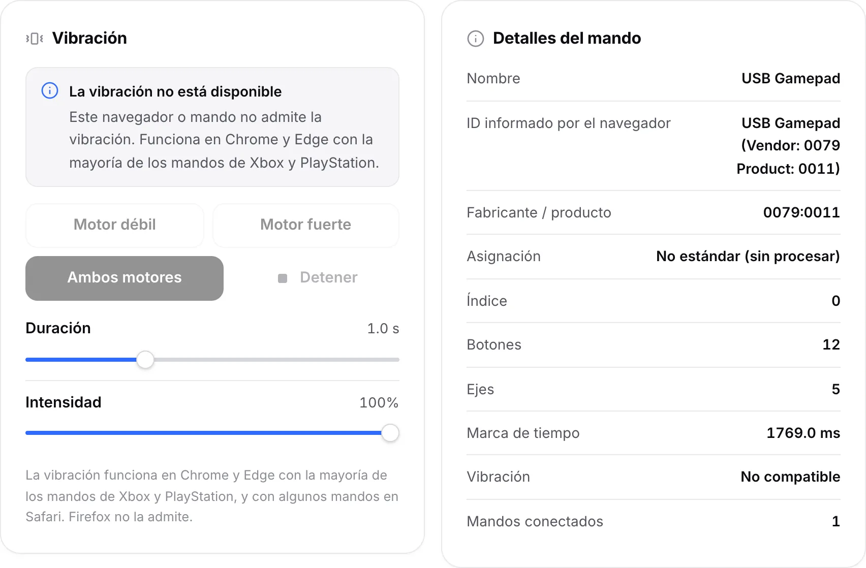 El panel de Vibración con el aviso “La vibración no está disponible” y los botones de motor desactivados; los Detalles del mando muestran Vibración: No compatible