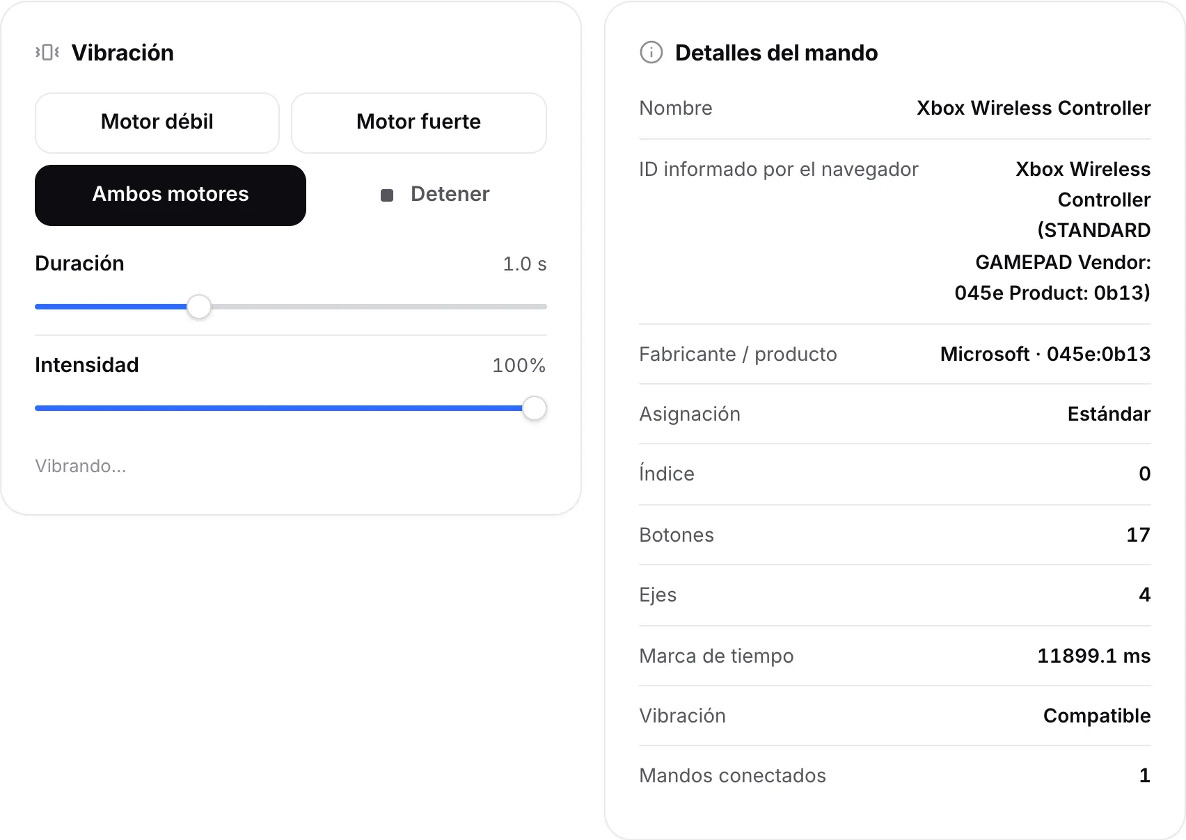 El panel de Vibración con los botones de motor y los controles deslizantes junto al panel de Detalles del mando con el nombre, el ID, el fabricante y la asignación