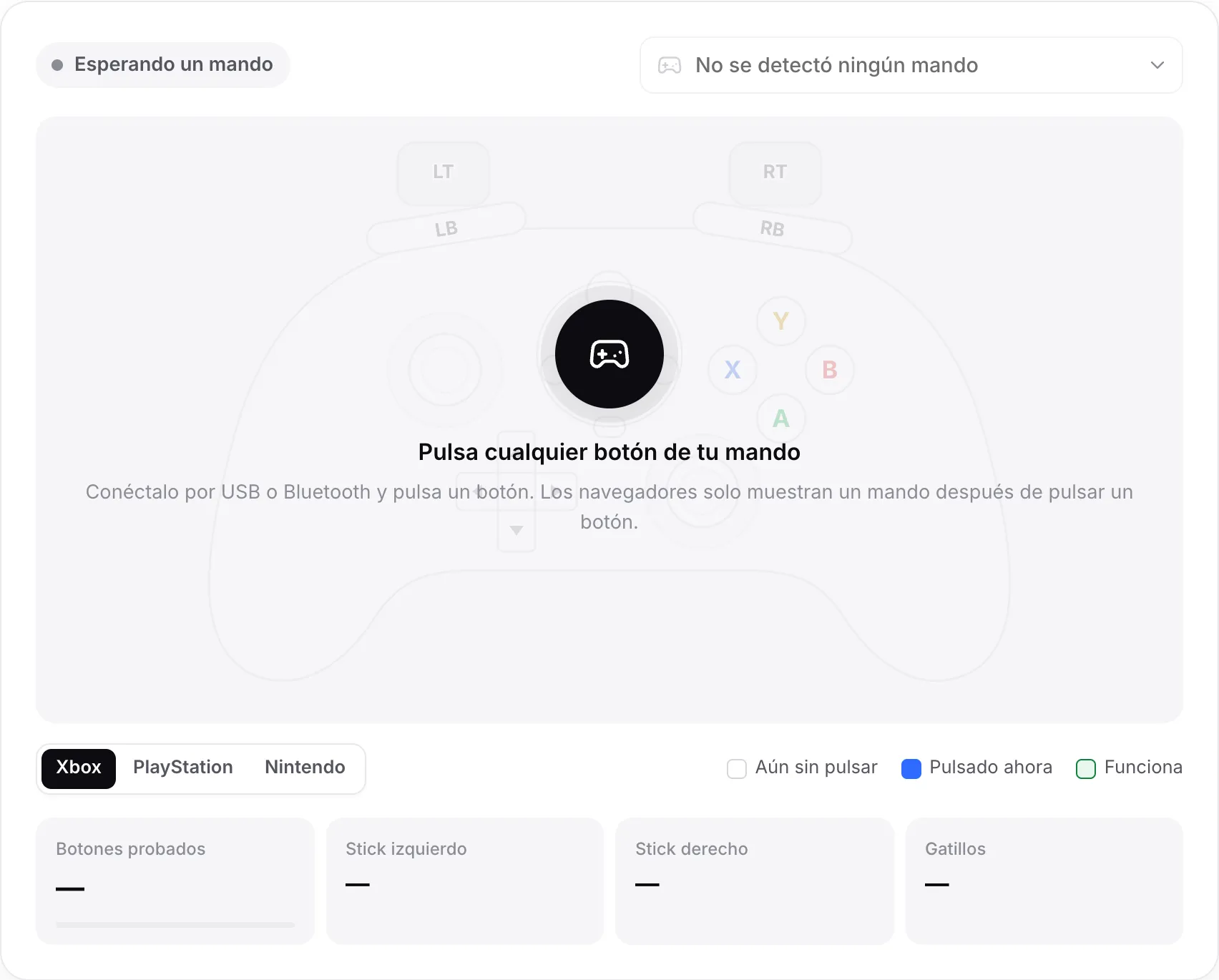 El probador de mando esperando un mando, con el mensaje “Pulsa cualquier botón de tu mando”