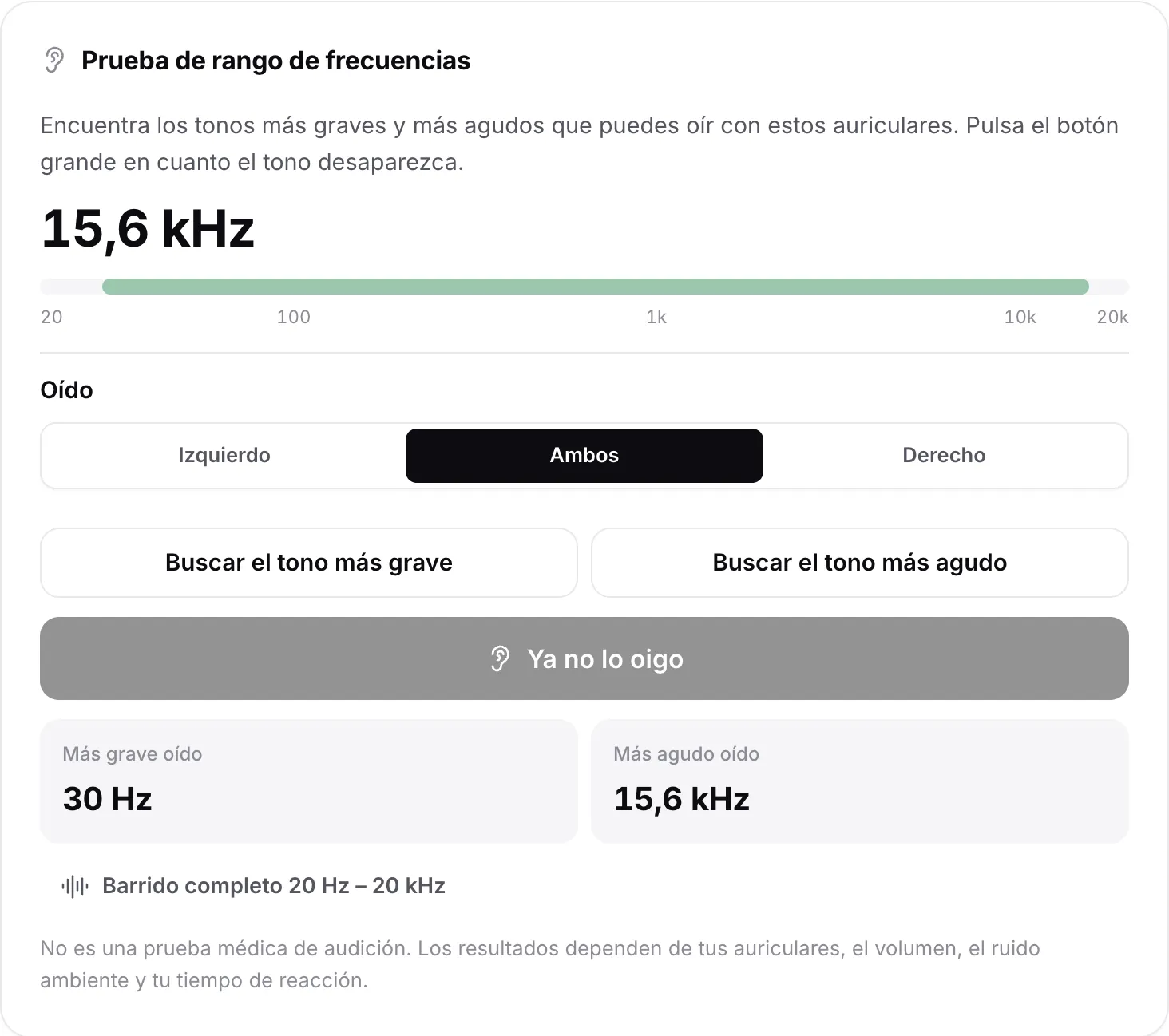 La prueba de rango de frecuencias con resultados: tono más grave oído 30 Hz, más agudo 15,6 kHz, mostrados como una banda verde en la escala