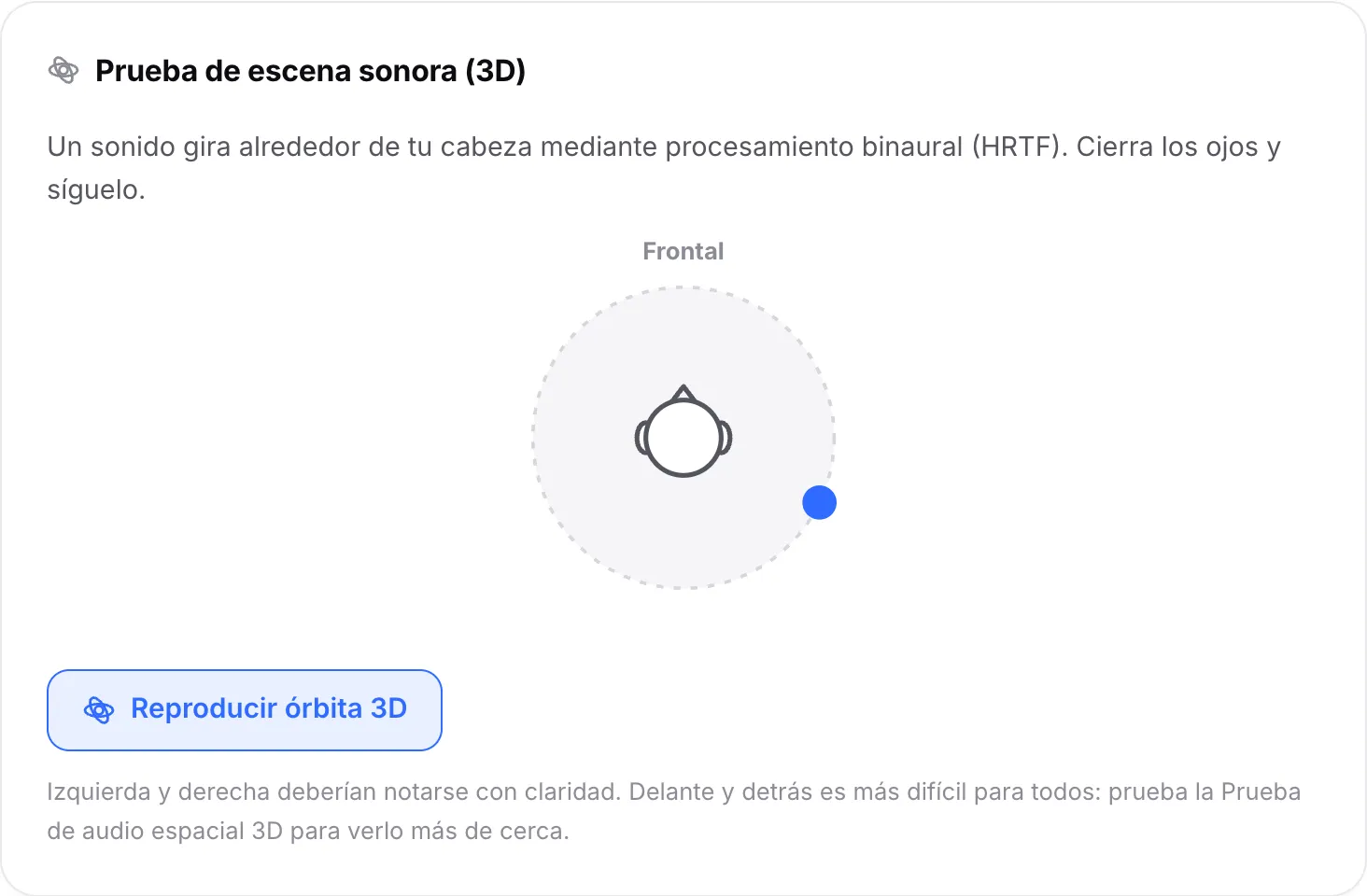 La prueba de escena sonora reproduciendo la órbita 3D, con el punto moviéndose alrededor de la cabeza, ahora detrás del oído derecho