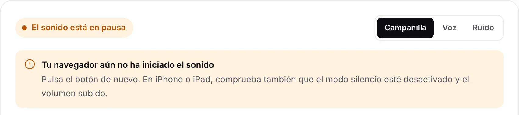 La prueba de auriculares mostrando el estado naranja “El sonido está en pausa” y el aviso “Tu navegador aún no ha iniciado el sonido”
