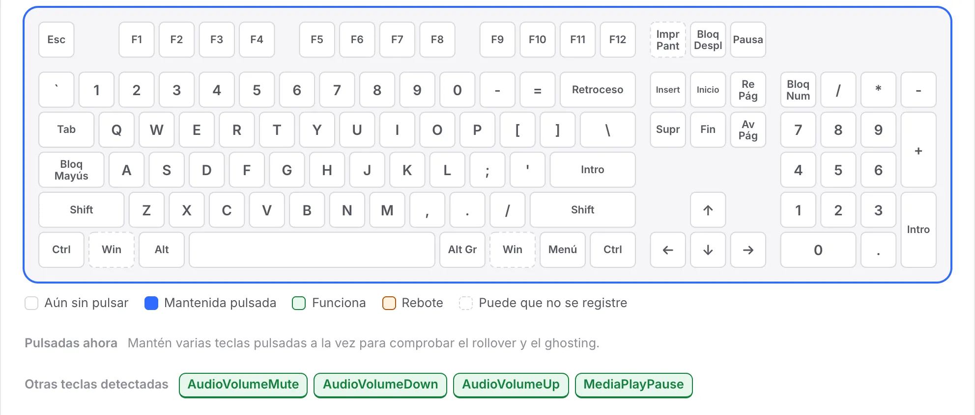 La fila F aún en blanco mientras AudioVolumeMute, AudioVolumeDown, AudioVolumeUp y MediaPlayPause aparecen en Otras teclas detectadas